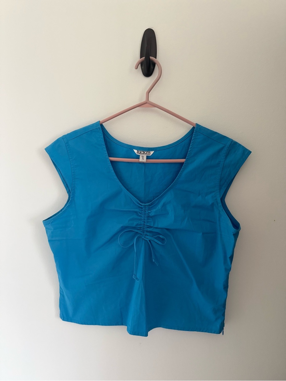 Blue Ruched Tie-Front Sleeveless Top